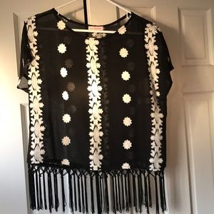 Embroidered mesh t shirt with fringe trim